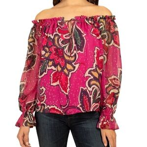 Trina Turk Silk Pink Floral Blouse Gold Metallic Detail SZ XL